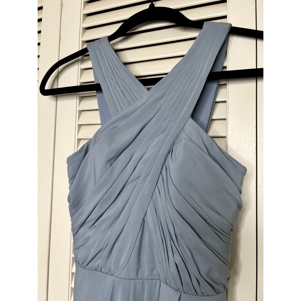 Azazie Dusty Blue Satin Dress Crisscross Keyhole Back Small